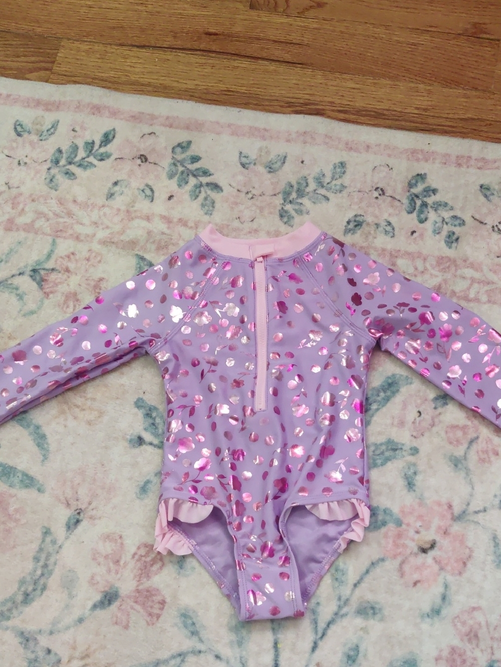 Lilac Long-Sleeve Girls' Swimsuit with Pink Foil Dots